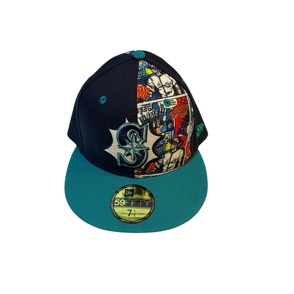 New Era 59FIFTY Seattle Mariners Comic Print Fitted‎ Hat 7 1/2 Navy Teal MLB Cap
